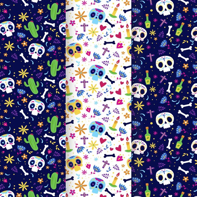 Collezione di modelli dia de muertos piatti disegnati a mano