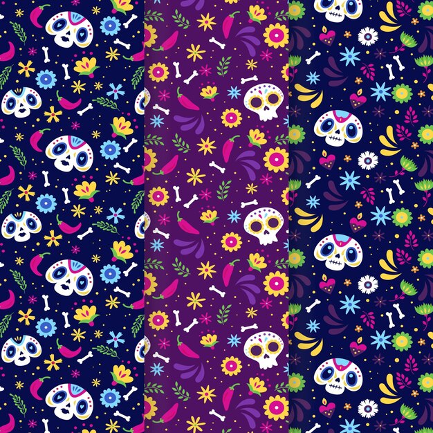 Collezione di modelli dia de muertos piatti disegnati a mano