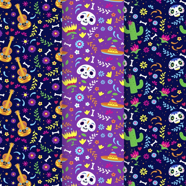 Collezione di modelli dia de muertos piatti disegnati a mano
