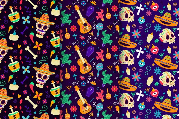 Collezione di modelli dia de muertos piatti disegnati a mano