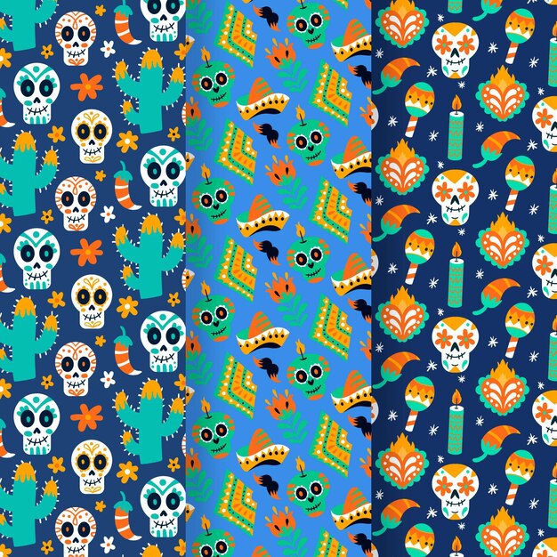 Collezione di modelli dia de muertos piatti disegnati a mano