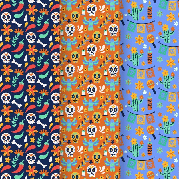 Collezione di modelli dia de muertos piatti disegnati a mano