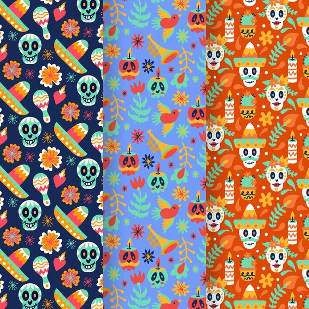 Collezione di modelli dia de muertos piatti disegnati a mano