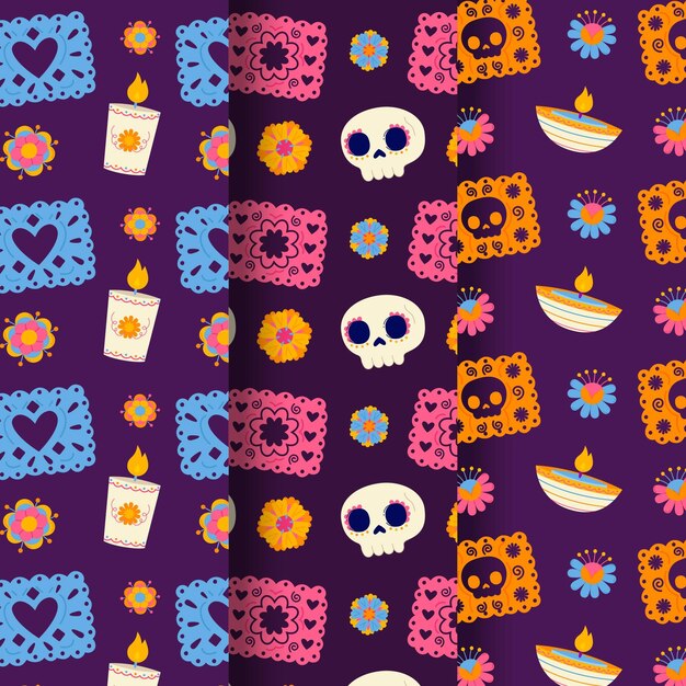 Collezione di modelli dia de muertos piatti disegnati a mano