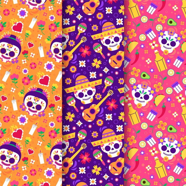 Collezione di modelli dia de muertos piatti disegnati a mano