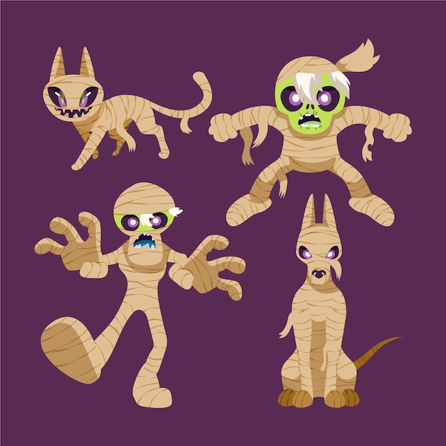 Collezione di mummie di halloween piatte disegnate a mano