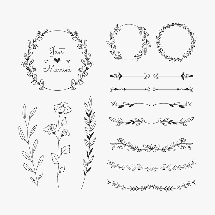 Vettore gratuito collezione di ornamenti da sposa disegnati a mano