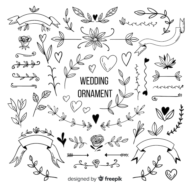 Vettore gratuito collezione di ornamenti di nozze disegnati a mano