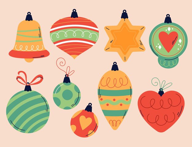 Collezione di ornamenti di palla di natale piatta disegnata a mano