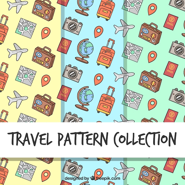 Collezione di pattern di viaggio disegnati a mano
