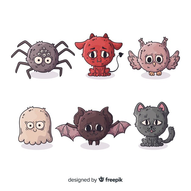 Collezione di personaggi animali di halloween disegnati a mano