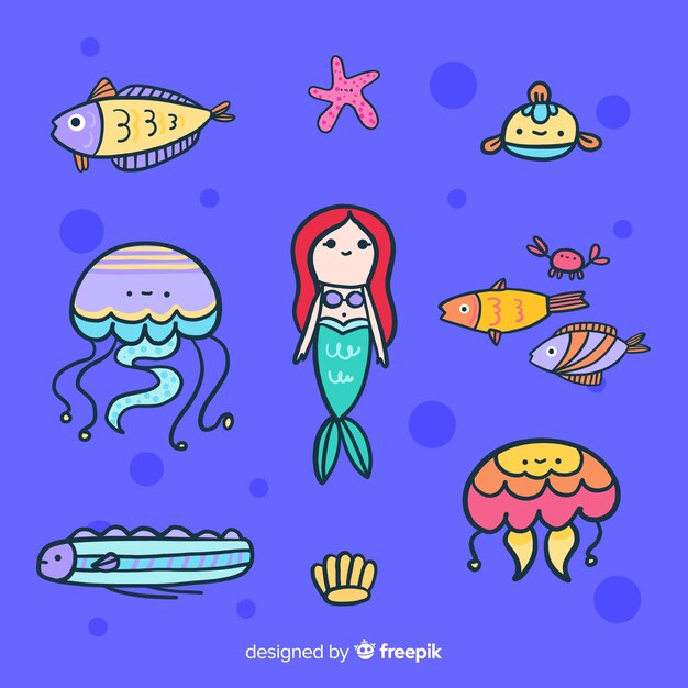 Collezione di personaggi colorati di vita marina