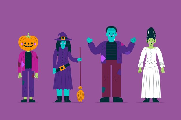 Collezione di personaggi del costume di halloween di vista frontale