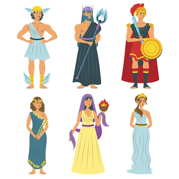 Collezione di personaggi della mitologia greca dal design piatto disegnato a mano