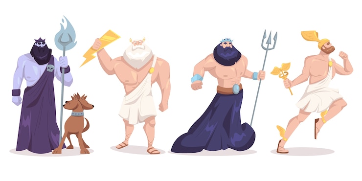 Vettore gratuito collezione di personaggi della mitologia greca dal design piatto disegnato a mano