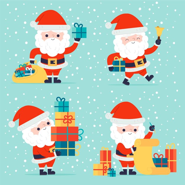 Collezione di personaggi di babbo natale piatto disegnato a mano