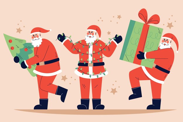 Collezione di personaggi di babbo natale piatto disegnato a mano