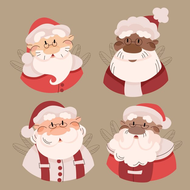 Collezione di personaggi di babbo natale piatto disegnato a mano