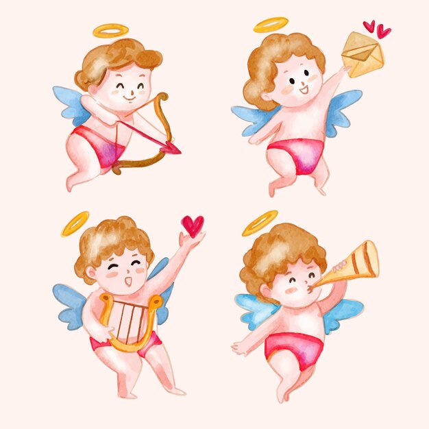 Collezione di personaggi di cupido di san valentino dell'acquerello