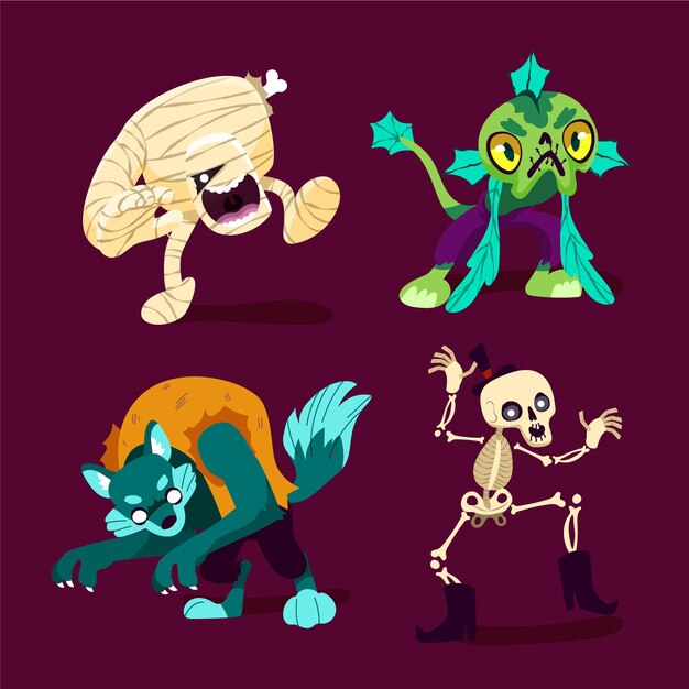 Collezione di personaggi di halloween piatti disegnati a mano