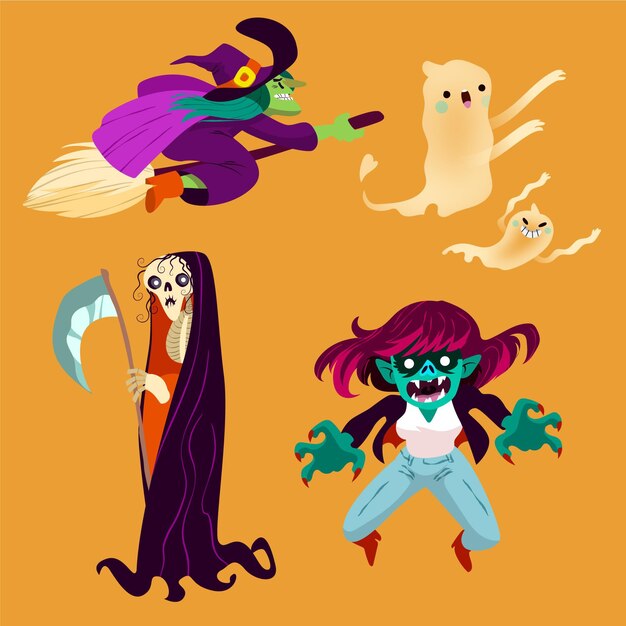 Collezione di personaggi di halloween piatti disegnati a mano