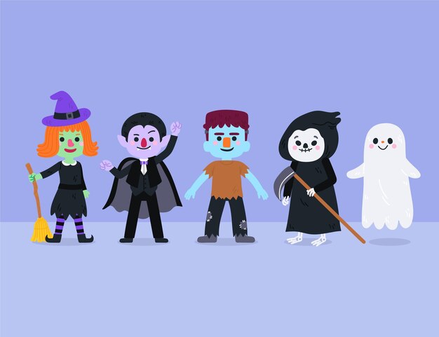 Collezione di personaggi di halloween piatti disegnati a mano