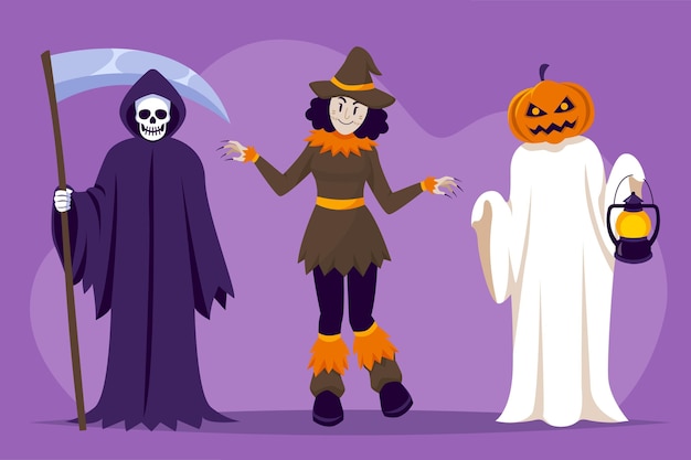Collezione di personaggi di halloween piatti disegnati a mano