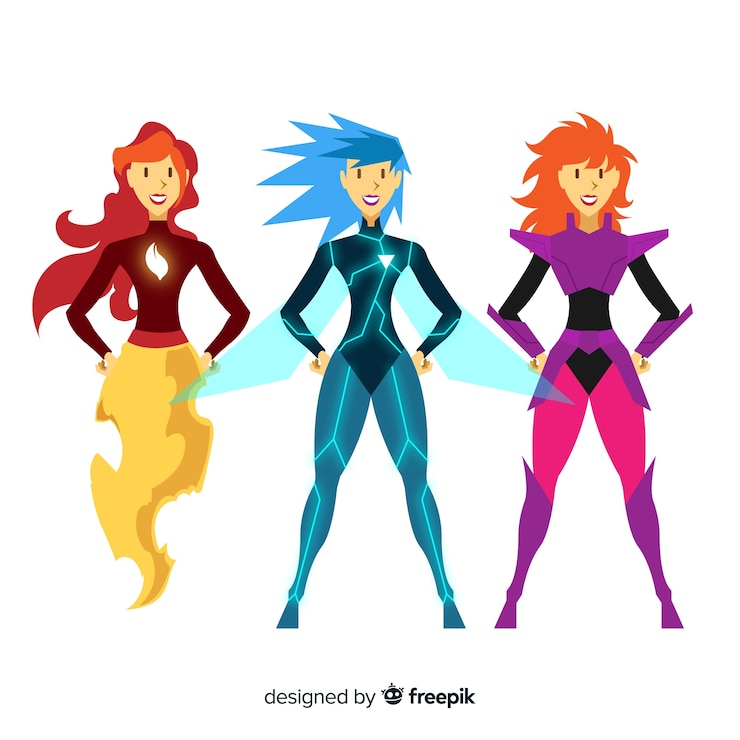 Vettore gratuito collezione di personaggi di supereroi femminili in stile cartoon