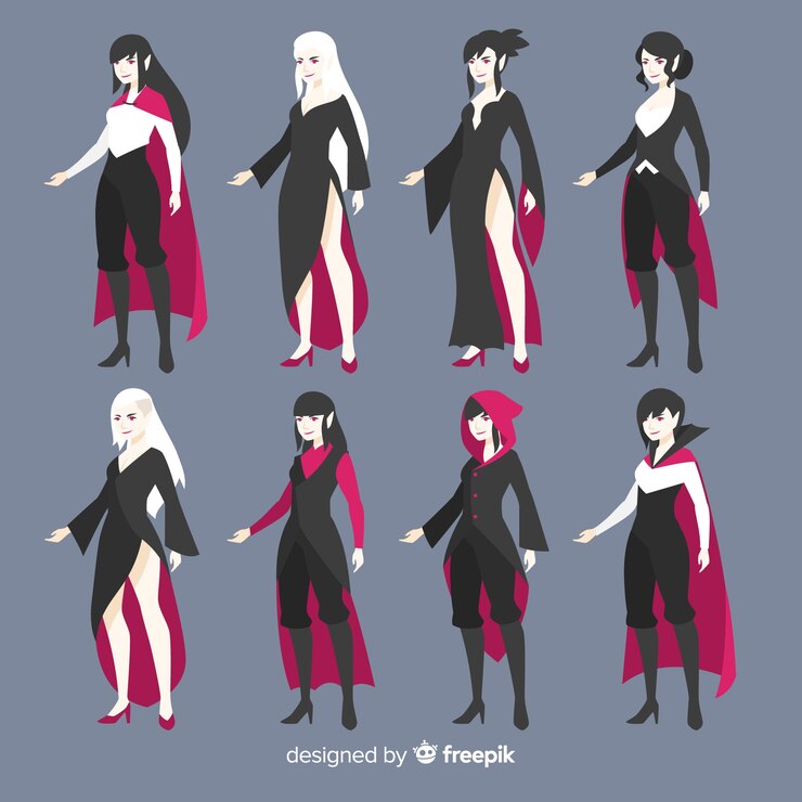 Vettore gratuito collezione di personaggi femminili vampiro halloween in diverse posizioni