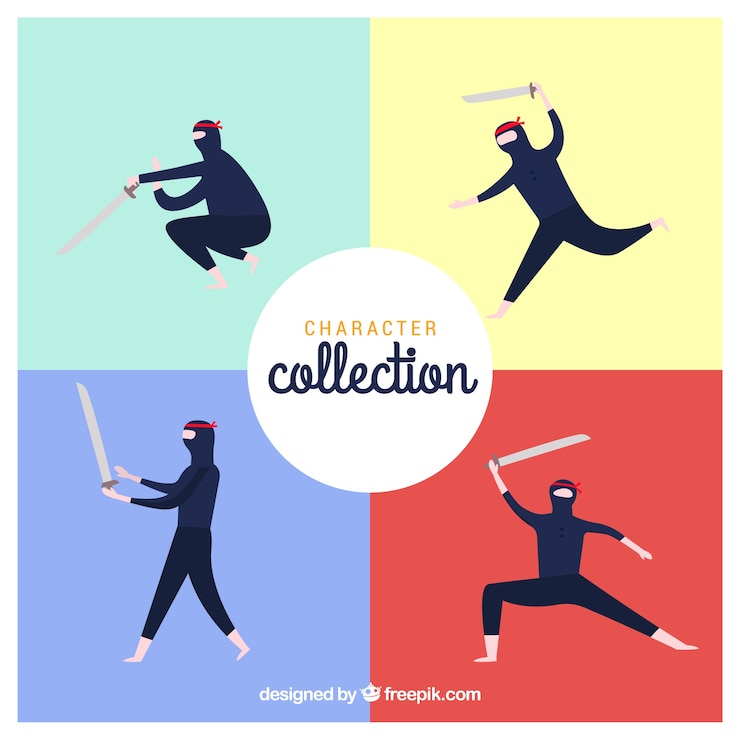 Vettore gratuito collezione di personaggi ninja con design piatto