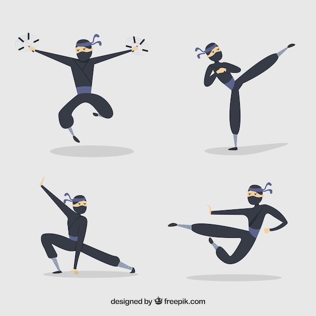 Collezione di personaggi ninja disegnati a mano in diverse pose