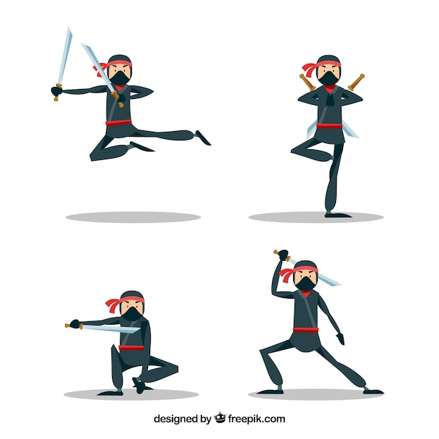 Collezione di personaggi ninja disegnati a mano