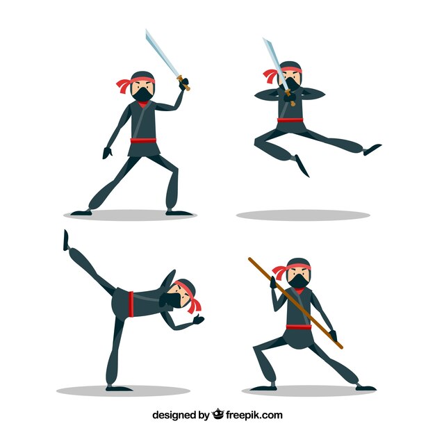 Collezione di personaggi ninja disegnati a mano