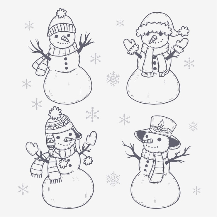 Vettore gratuito collezione di personaggi pupazzo di neve disegnati a mano
