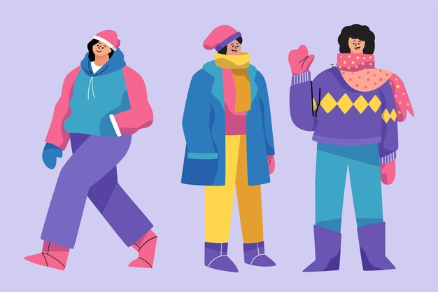 Collezione di persone invernali piatte disegnate a mano