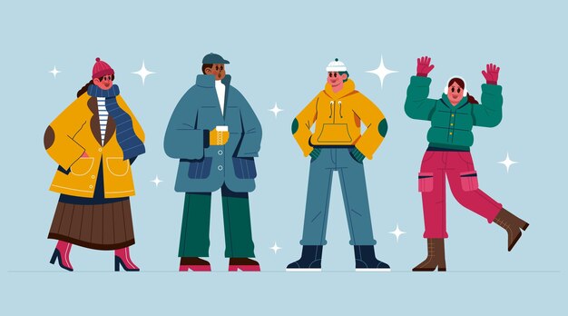 Collezione di persone invernali piatte disegnate a mano