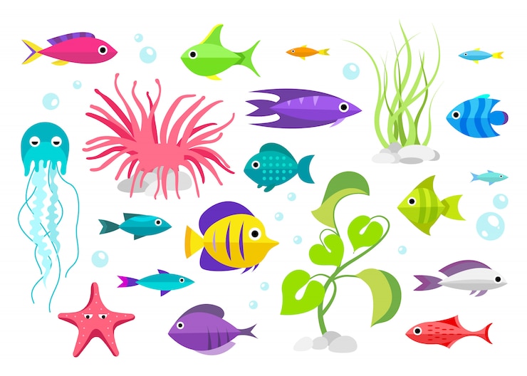 Vettore gratuito collezione di pesci stile cartone animato illustrazione degli abitanti dell&#39;acquario