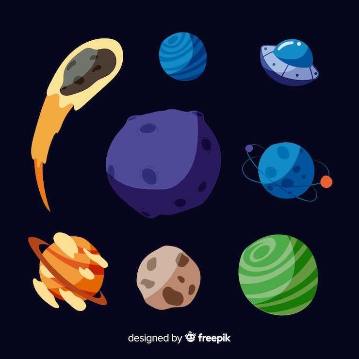 Vettore gratuito collezione di pianeti della via lattea design piatto