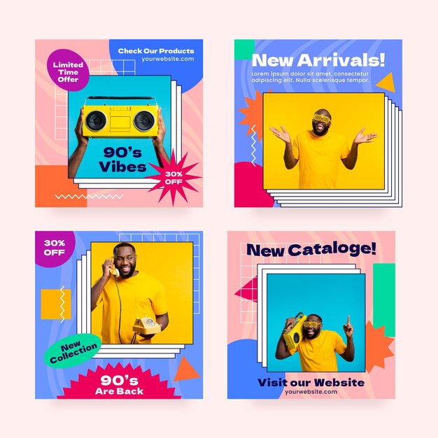 Collezione di post di instagram anni '90 nostalgici disegnati a mano con foto