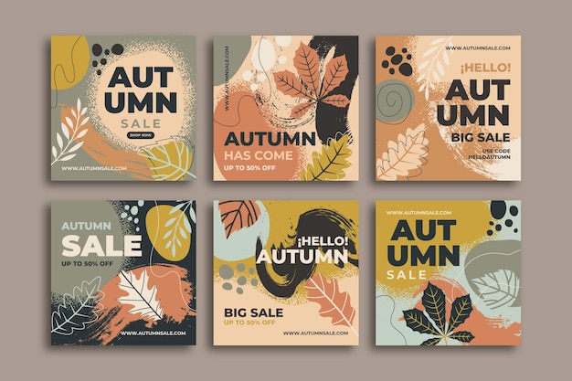 Collezione di post di instagram autunnali disegnati a mano