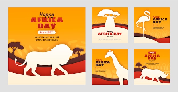 Collezione di post di instagram del giorno dell'africa in stile carta