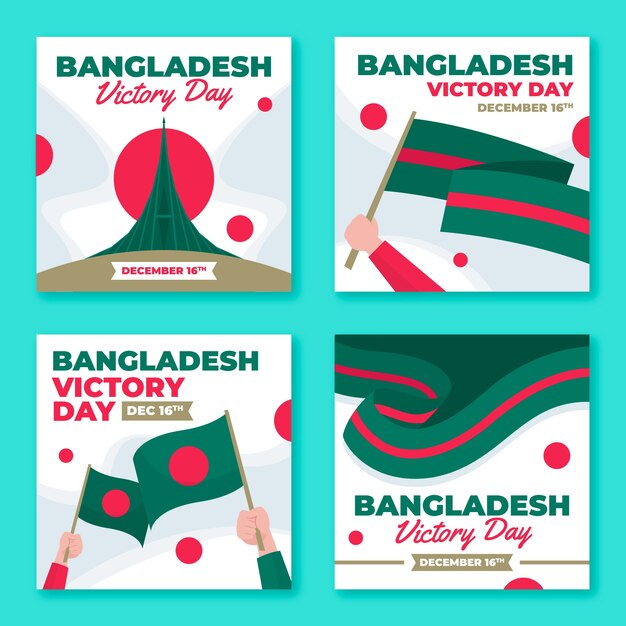 Collezione di post di instagram del giorno della vittoria del Bangladesh piatto disegnato a mano