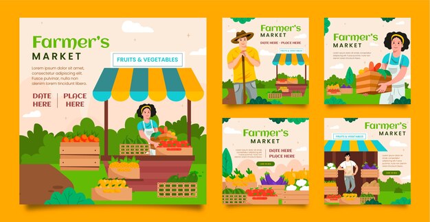 Collezione di post di instagram del mercato degli agricoltori di design piatto disegnato a mano