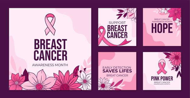 Collezione di post di instagram del mese di consapevolezza del cancro al seno disegnata a mano