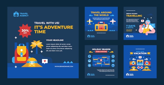 Collezione di post di instagram di agenzie di viaggio piatte