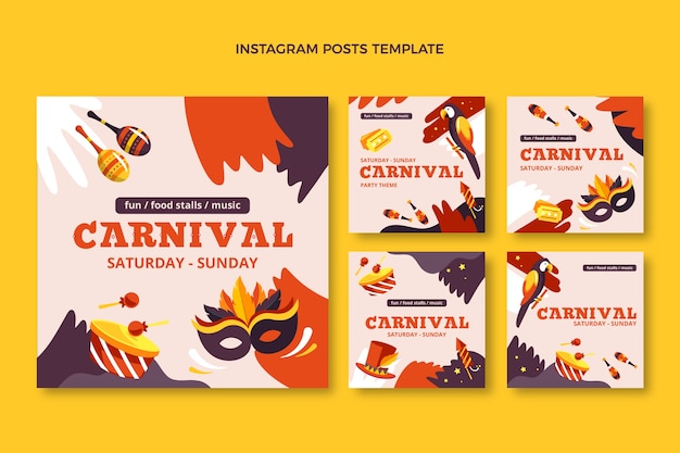Collezione di post di instagram di carnevale piatto