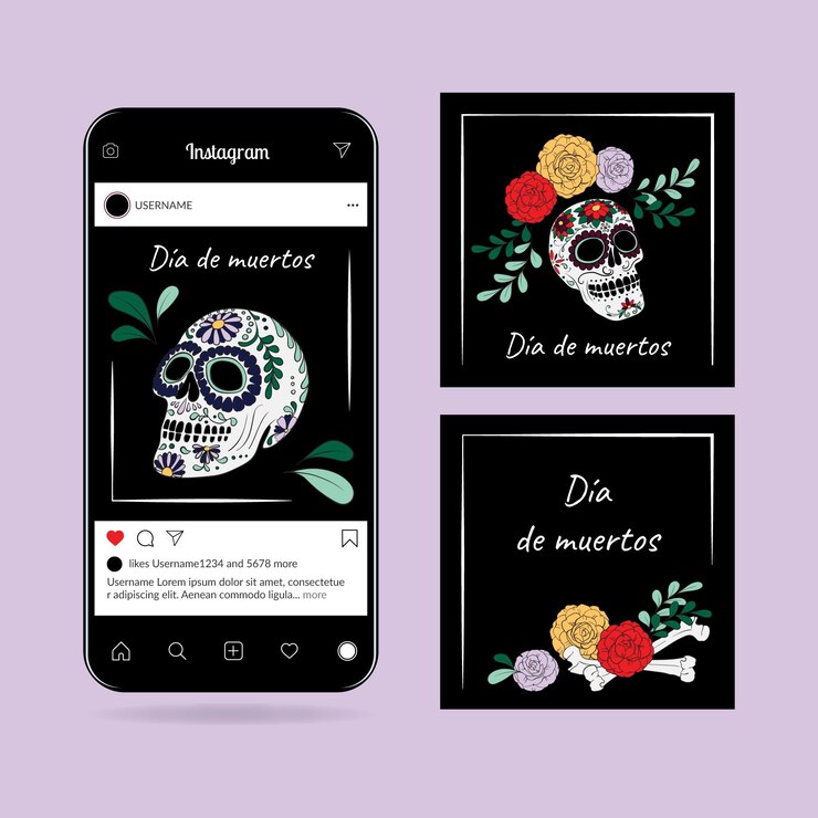 Vettore gratuito collezione di post di instagram di dia de muertos