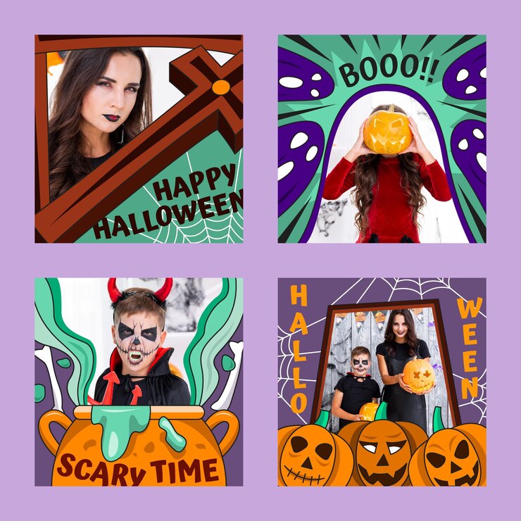 Vettore gratuito collezione di post di instagram di halloween piatta disegnata a mano con raccolta di storie di fotoinstagram