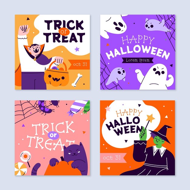 Collezione di post di instagram di halloween piatto disegnato a mano