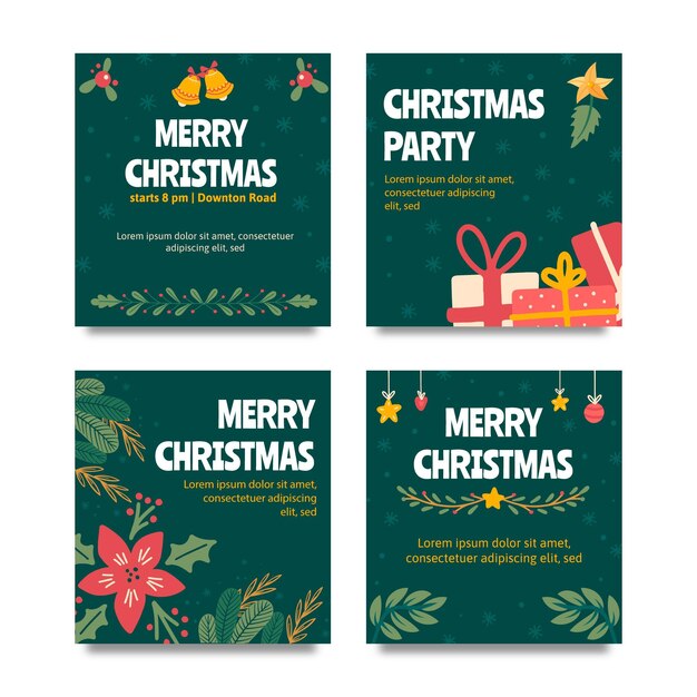 Collezione di post di instagram di natale piatto disegnato a mano
